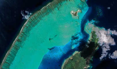 Landscape of the coast of the resort island of Bora Bora from a bird's eye view