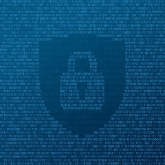 Protection shield with lock. Background with binary code. Concept of data protection. Vector illustration.