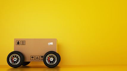 Cardboard box with racing wheels like a car on a yellow background. Fast shipping by road