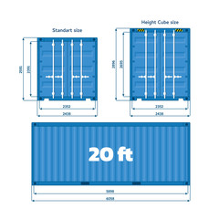 Common container sizes. Standart ISO sizes 10', 20', 40'. Storage Shipping Container isolated. Blue cargo container front, side view. Vector illustration on white background.