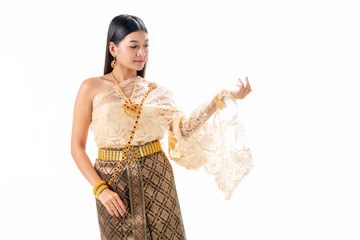 Beautiful woman smiling in national traditional costume of Thailand. Isolate on white background. © Suthiporn