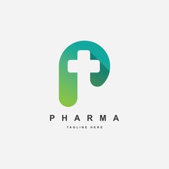 Obraz premium letter P with cross symbol logo design template.Pharmacy logo design symbol inspiration.
