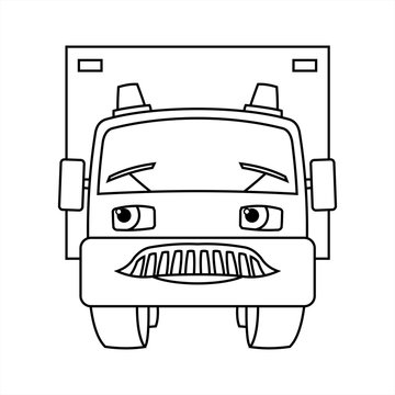 A Cartoon Smiling Car With Flashing Lights. Cartoon Truck. Contour Vector Illustration For Children's Coloring Book. Funny Character Truck For Children. The Car Is Dad.