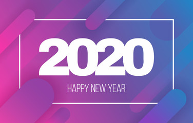 Happy New Year 2020 card on colorful geometric background. 2020 numbers with dynamic shapes composition. Trendy minimal backdrop. Vector illustration for invitation, calendar or presentation