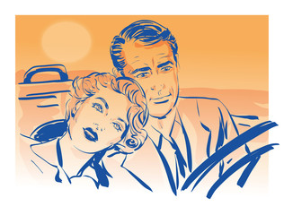 couple amoureux, une femme posant sa tête sur l' épaule d'un homme conduisant une voiture en voyage, - 287618169