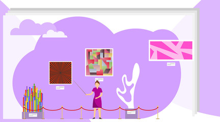 Art exhibition Gallery. A female guide conducts an excursion to an art gallery. Vector illustration