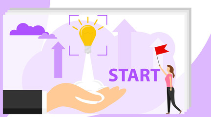 Startup. Startup Development. A light bulb takes off from a person’s hand. Investing in a startup business. Vector illustration, vector.