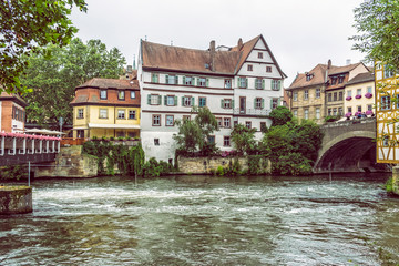 Fototapeta na wymiar Traditional architecture and Regnitz river in Bamberg, Germany