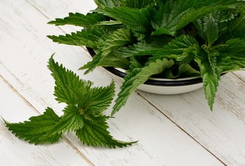 Fresh nettle leaves in bowl on white wooden background close up