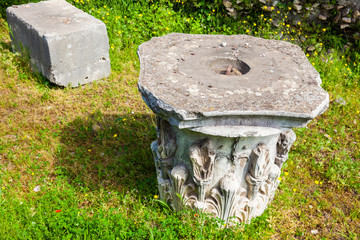 Remains of columns of the ancient buildings at the Roman Forum in Rome