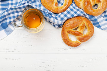 Oktoberfest backdrop. Pretzels and beer mug