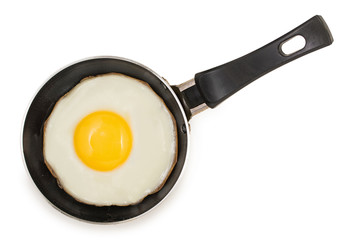 Single fried egg in very small pan with non-stick surface isolated on white background, top view.