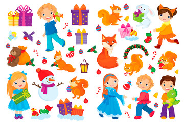 Obraz na płótnie Canvas Christmas Vector Set Of Children And Animals