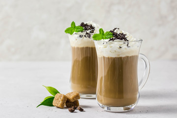 Whipped cream coffee. Selective focus, space for text.