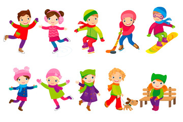 Set Of Children Skating And Walking In Winter