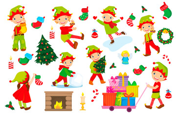 Naklejka premium Set Of Elves Getting Ready For Christmas