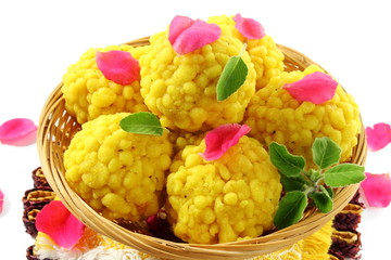 traditional indian gujarati sweet food bundi laddu in white background