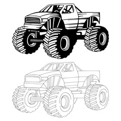 Monster truck. Off-road truck hand drawn vector illustrations set. Monster truck sketch drawing. © Goga