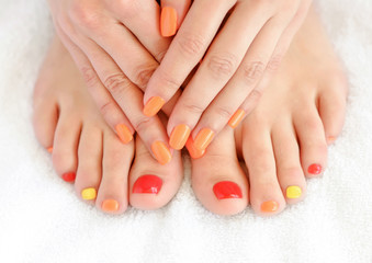 Female feet and hands with colorful manicure. Soft focus image