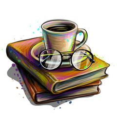 A cup of coffee / tea and glasses on a stack of books. Colorful sketch on a white background in watercolor style.