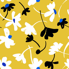 Vector botanical seamless pattern. Background with flat daisies. Elegant summer flowers. Good for textile design, fabric, clothes, surface, wallpaper.