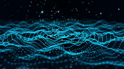 Abstract wave dots in dark background. Data technology background. 3d rendering.