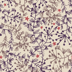 Vector botanical seamless pattern. Field herbs, stems and stars. Delicate floral background for fabric, textile, fashion design, surface or wrapping.
