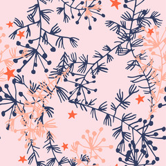 Vector botanical seamless pattern. Field herbs, stems and stars. Delicate floral background for fabric, textile, fashion design, surface or wrapping.