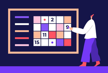 Woman modern character with big calendar, timetable, pointing on date, deadline, schedule. Office work concept, web page, presentation, infographic, applications. Flat vector illustration.