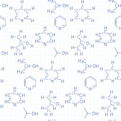 Chemical formula and outlines on workbook page. Vector hand drawn seamless pattern. Scientific  and education background. 