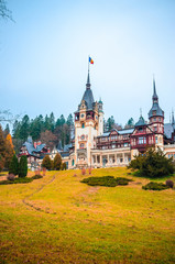 Fototapeta na wymiar Beautiful Peles Castle in Sinaia, Carpathian Mountains, Romania, Europe.