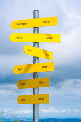 A signpost on Zwolferhorn mountain in St. Gilgen with directions and distance to cities in the world. Austria