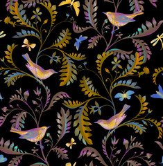 Seamless pattern with birds, dragonfly and branches with leaves. Hand drawn by color pencils realistic flora and fauna background. Nature motif in vintage style. Good for textile and fabric, wrapper