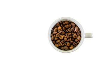 cup with coffee beans isolated on white background