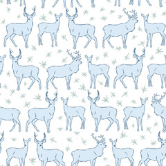 Vector winter seamless pattern with deer, stag, doe, hand drawn illustration. Winter theme snowfall wallpaper.
