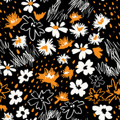 Naklejka na ściany i meble Flowers in doodle style. Seamless pattern made of daisies and abstract flowers. Outline drawings and silhouettes. Flat botanical background.