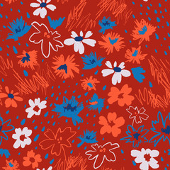 Fototapeta na wymiar Flowers in doodle style. Seamless pattern made of daisies and abstract flowers. Outline drawing. Flat botanical background.