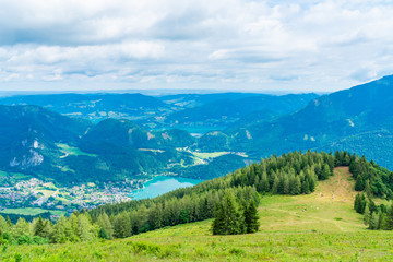 View of St.Gilgen village, Wolfgangsee lake and surrounding mountains from Zwolferhorn mountain in Salzkammergut region, Austria