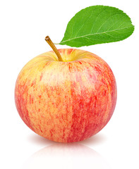 Isolated apple fruit. One whole Apple with green leaf isolated on white background with clipping path
