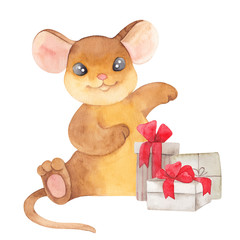 Christmas illustration with cute mouse, watercolor hand draw animals, symbol of 2020, isolated on white background