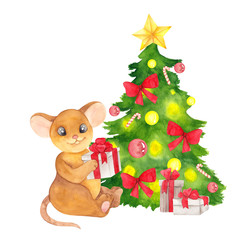 Christmas illustration with cute mouse, watercolor hand draw animals, symbol of 2020, isolated on white background