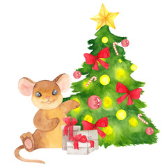 Christmas illustration with cute mouse, watercolor hand draw animals, symbol of 2020, isolated on white background