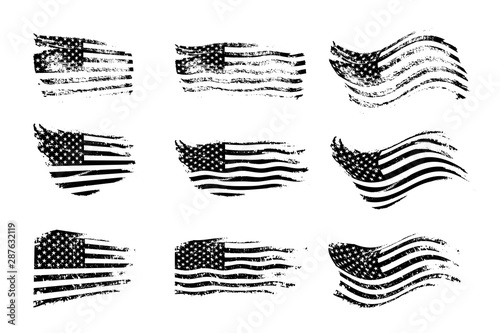 Black Vintage Usa Flags Illustration Vector American Flag On Grunge Texture Set Wall Mural Backup16