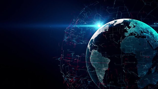 Earth globe with transparent night map of earth slow rotates around its axis, seamless futuristic technology animation of digital world with light effects on deep blue gradient background