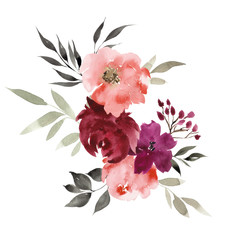Pretty watercolor mystery flowers and leaves, hand draw floral element on white background