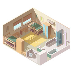 Small, single-room apartment in hotel, hostel, children bedroom interior with two bunk beds, tables, wardrobes, toilet and bathroom with bath, shower cabin cross section isometric vector illustration