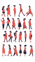 Walking and standing people in outerwear. Men and women of different ages strolling, going on business, standing still. Flat characters.