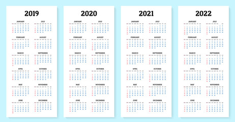 Annual calendar 2019, 2020, 2021 and 2022 template. Vector illustration