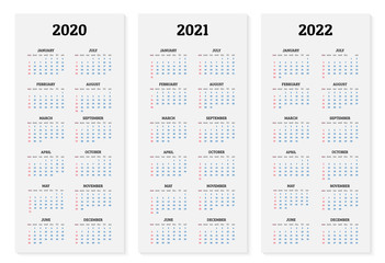 Annual calendar 2020, 2021 and 2022 template. Vector illustration
