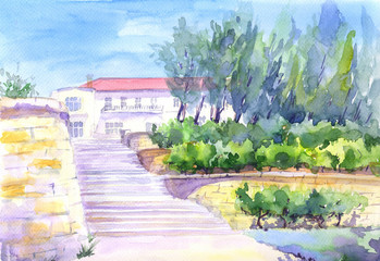 City park, stairs. Hand drawn sketch, watercolor illustration